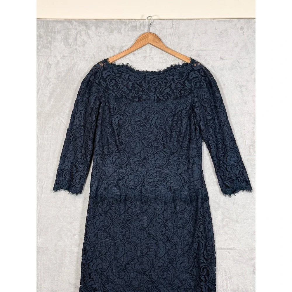 Tadashi Shoji Lace Sheath Dress 14 Navy Blue Formal Wedding Guest - Picture 3 of 11